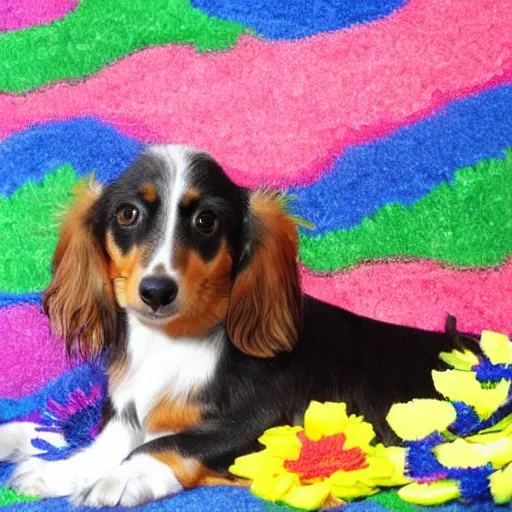 Image similar to long haired dachshund shi tzu mix laying on a bed of multi-color flowers l, Matisse