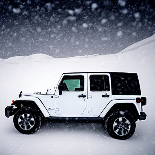 Image similar to white jeep wrangler driving up snow covered mountain on edge of a cornice, dreamy atmosphere, snowing, dramatic lighting, cinematic, photo realism