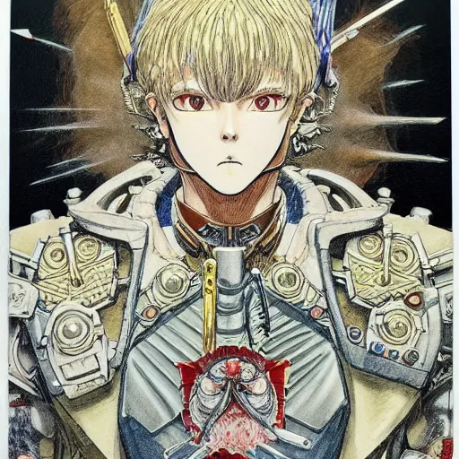 Image similar to prompt: portrait drawn by Katsuhiro Otomo, inspired by Warhammer characters, magical and alchemical objects on the side, soft light, white background, intricate detail, intricate ink painting detail, sharp high detail, manga and anime 2000