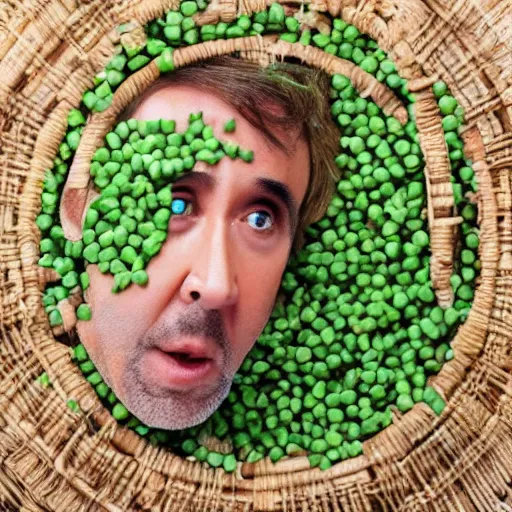 Image similar to nicolas cage trapped in a wicker cage with peas on his face, dying