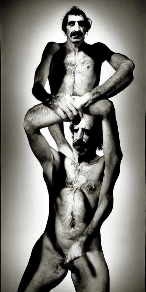 Image similar to award winning photo of frank zappa wearing thong, symmetrical face, beautiful eyes, studio lighting, wide shot art by Sally Mann & Arnold Newman