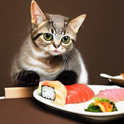 Image similar to realistic photo of a cute cat eating sushi