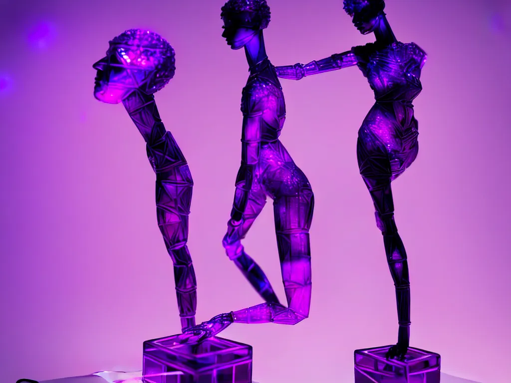 Image similar to beautiful mannequin sculpted out of amethyst by billelis + lit with purple 3 d geometric neon + chrome geometric cubed bonsai plants!!!!, doorway opening with neon pink geometric light, clean linework, dramatic, finely detailed, rule of thirds, moody, confident, award winning, 4 k, trending on artstation, photorealistic, volumetric lighting, octane render