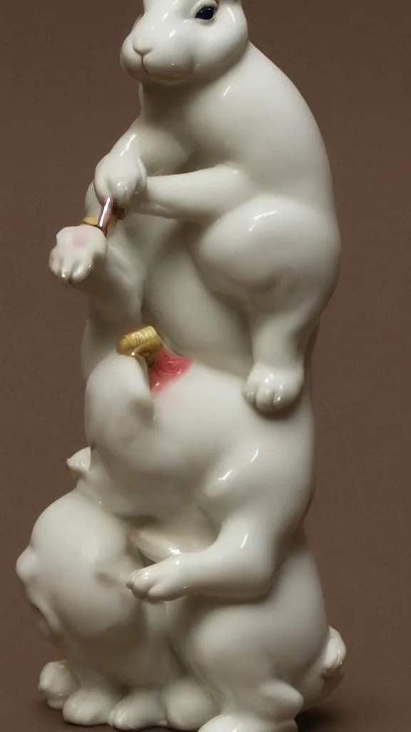 Image similar to a porcelain rabbit statue smoking a japanese kiseru painted by john singer sargent