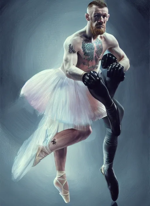 Image similar to connor mcgregor dressed as a ballerina dancing ballet inside the mma ring, highly detailed, digital painting, artstation, concept art, smooth, sharp focus, illustration, art by artgerm and greg rutkowski