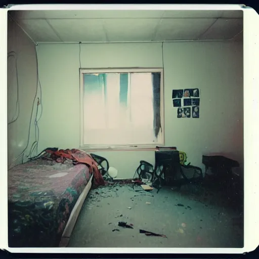 Image similar to a polaroid photo a of an abandoned and rather lonely college student's bedroom, completely empty, desolate and devoid atmosphere, faint string lights hung on the wall can be seen, shot with portra 400