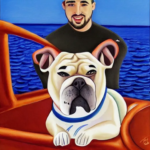 Image similar to klay thompson on a boat with his bulldog, by georgia o'keefe, by mark rothko