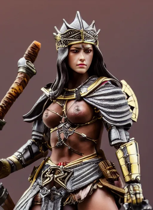 Prompt: 80mm resin detailed miniature of Queen of barbarian, clothed in armor, circlet, very muscular, brown skin, black hair, beautiful bone structure, symmetrical facial features, Product Introduction Photos, 4K, Full body