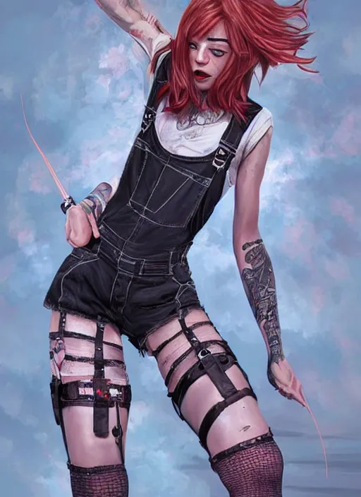 Image similar to digital _ painting _ of _ female, painted taktop, overalls, combat boots, short shorts, fishnets _ by _ filipe _ pagliuso _ and _ justin _ gerard _ symmetric _ fantasy _ highly _ detailed _ realistic _ intricate _ port