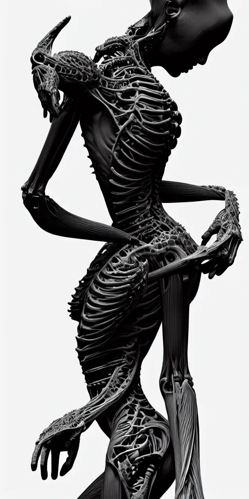 Prompt: a black and white 3D render of a full figure young female angelic-dragon-cyborg with a very long neck, Mandelbrot fractal, anatomical, flesh, facial muscles, veins, arteries, full frame, microscopic, elegant, highly detailed, flesh ornate, elegant, high fashion, rim light, 150 mm lens, octane render in the style of H.R. Giger and Man Ray, Realistic, Refined, Digital Art, Highly Detailed, Cinematic Lighting, rim light, photo-realistic Unreal Engine, 8K