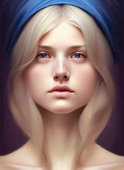 Image similar to beautiful symmetrical face, portrait of young woman blessed with ever - increasing physical and mental perfection, realism, blonde hair, perfect face!! intricate, elegant, highly detailed, vision of holy perfection!! digital painting, artstation, concept art, smooth, sharp focus, illustration, humanity, art by artgerm and greg rutkowski and alphonse mucha