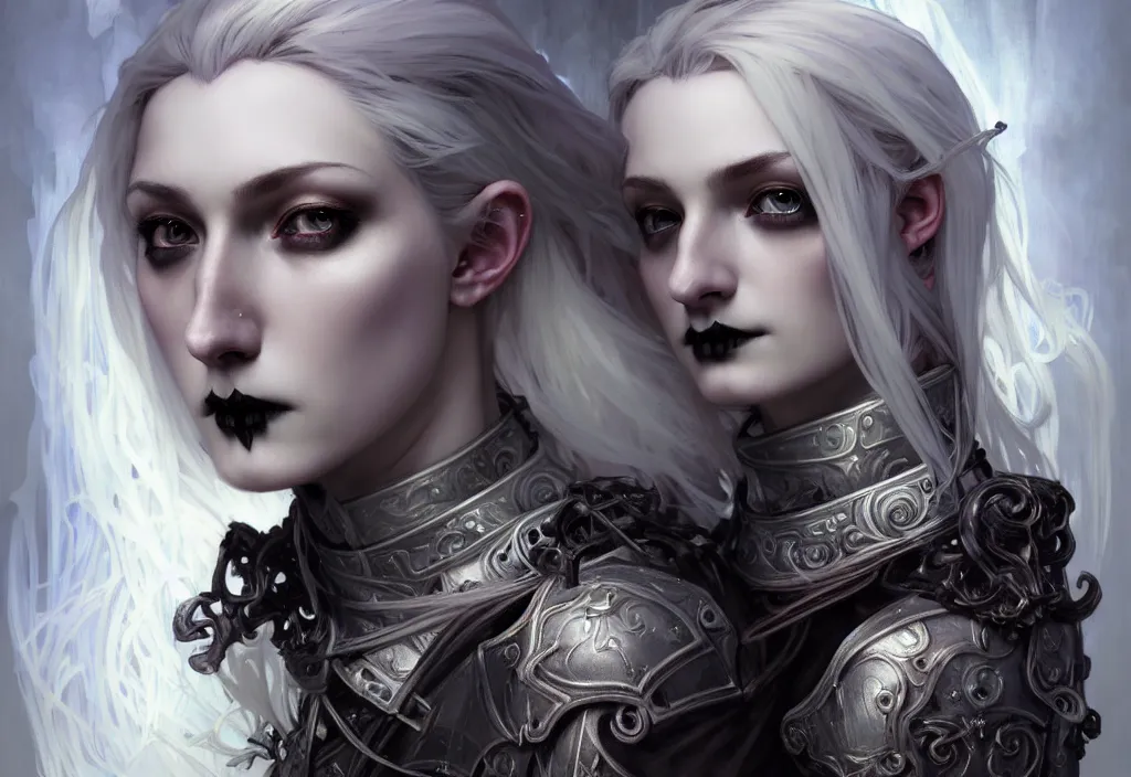 Image similar to beautiful and gothic and evil and dieselpunk young medieval light grey hair female knight portrait + smoky eyes + front face with light flowing hair, ultradetail face, art and illustration by tian zi and craig mullins and wlop and alphonse mucha, fantasy, intricate complexity, human structure, human anatomy, fantasy character concept, watermark, blurry, hyperrealism 8 k