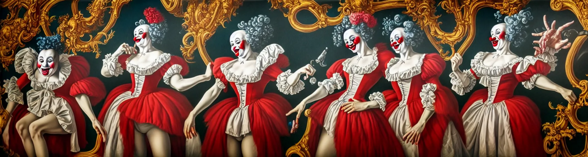 Image similar to a clownish, triumphant, and ultradetailed mural, depicting a hundred unique framed hyperrealist rococo vampire portraits