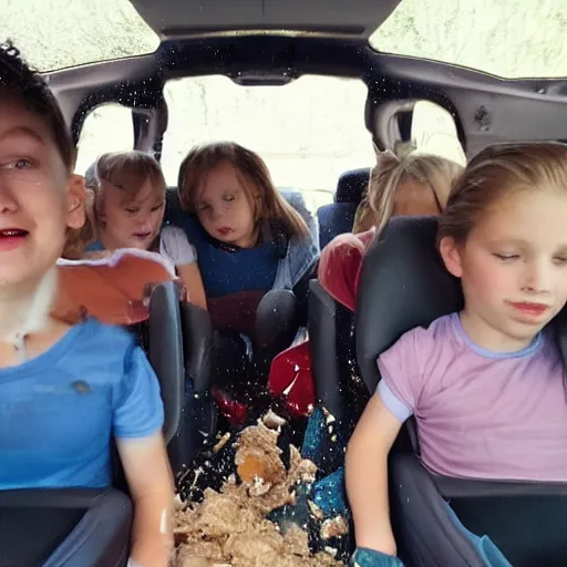 Prompt: the kids on the back seat making a fudging mess