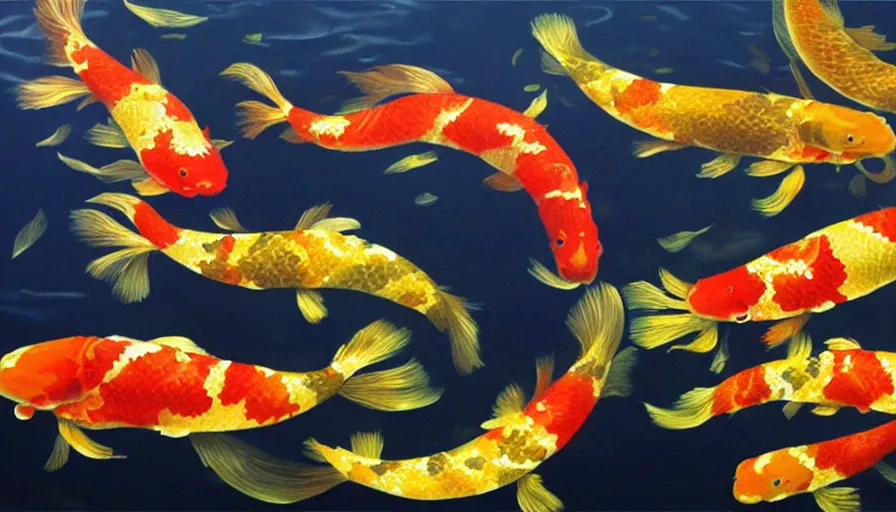 Image similar to golden glowing koi! fish swims in magical water with caustics and volumetric lighting, photorealistic painting