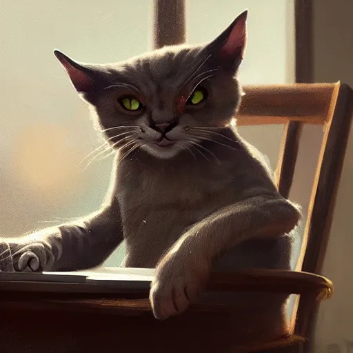 Image similar to anthropomorphic cat sitting in a chair using a laptop, painting, by greg rutkowski and igor kieryluk, photo realistic, dynamic lighting, artstation, poster, volumetric lighting, very detailed face, 8 k, award winning