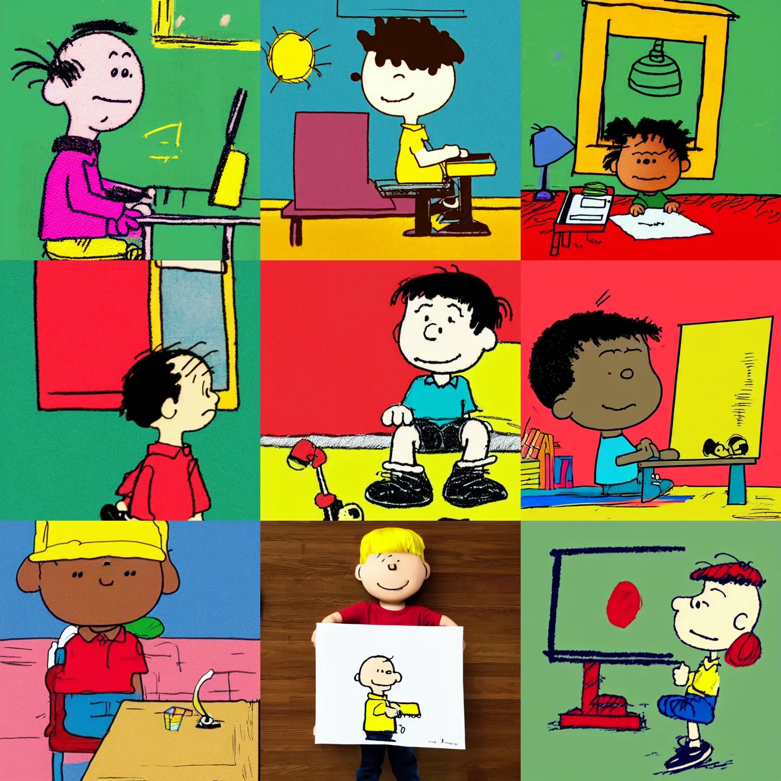 Prompt: a cute simple kid's crayon illustration of a young urban 👦🏿 boy working at his home computer in his modern office bedroom, artstation, in the style of peanuts by charles m. schulz, by rossdraws and artgerm and studio ghibli and basquiat, masterpiece, hd, award winning, solid color background, red green yellow color scheme