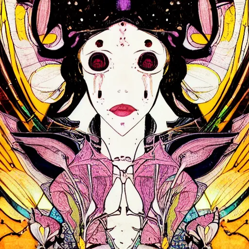 Image similar to madoka magica, portrait, harry clarke art style, pulp science fiction illustration