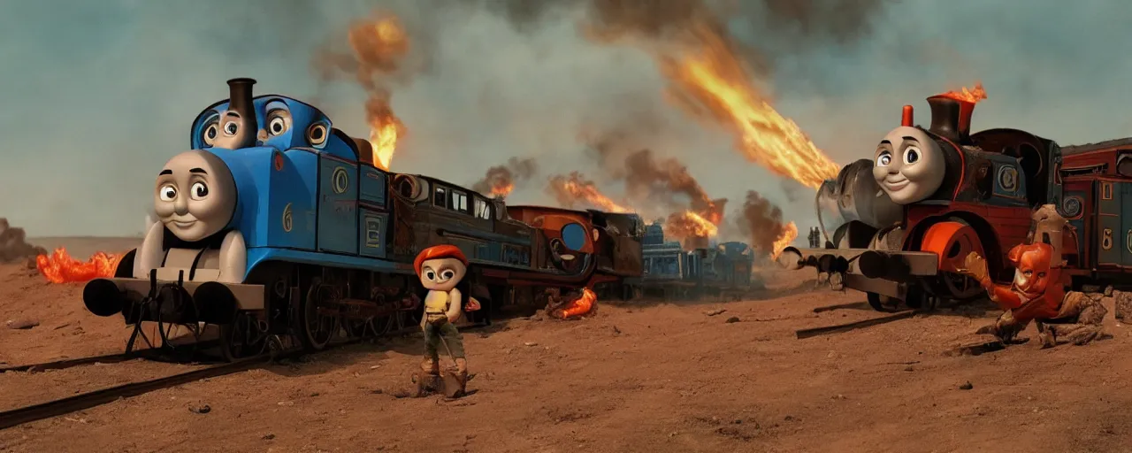 Image similar to Thomas the Tank Engine in the fiery Wasteland of MAD MAX: FURY ROAD