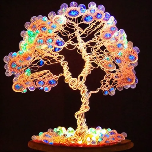 Prompt: intricate wire tree with agate accents, delicate, magnificent design, masterpiece, colorful, surreal, elaborate, dramatic lighting