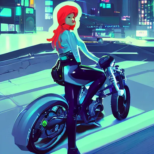 Image similar to Walter white cyberpunk girl sitting on a motorcycle, mattepainting concept pixar maya engine on stylized background splash comics global illumination lighting artstation lois van baarle, ilya kuvshinov, rossdraws