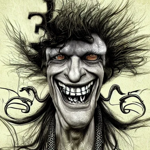 Prompt: surrealism grunge cartoon sketch of a mick jagger snake hybrid with a wide smile by michael karcz, loony toons style, horror theme, detailed, elegant, intricate