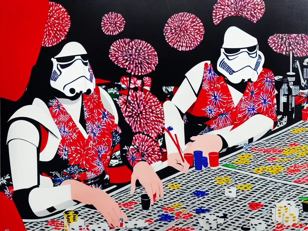 Image similar to hyperrealism composition of the detailed single woman in a japanese kimono sitting at an extremely detailed poker table with stormtrooper, fireworks, river on the background, pop - art style, jacky tsai style, andy warhol style, acrylic on canvas