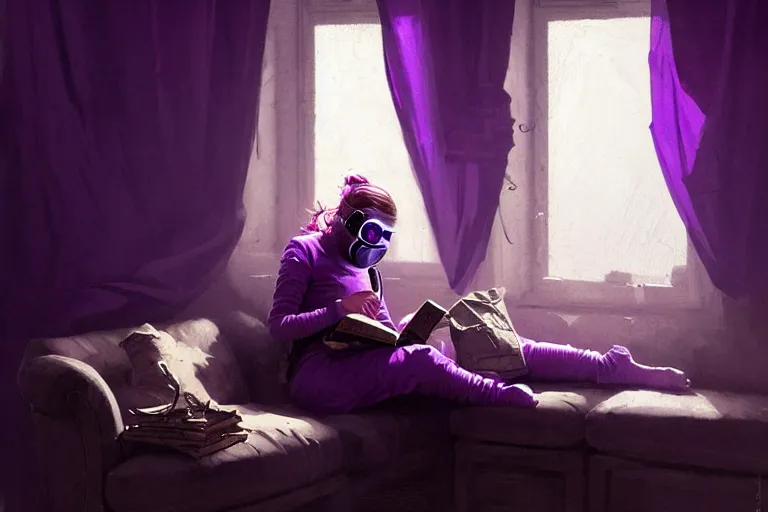 Prompt: girl with wearing a gas mask lying on the sofa reading a book in her room, in the style of greg rutkowski, intricate and epic composition, purple by caravaggio, insanely quality, highly detailed, masterpiece, purple light, artstation, 4 k