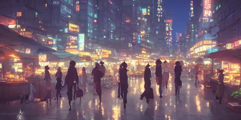 Prompt: Night downtown, all kinds of vendors, lighting, lively, atmosphere joyful, fine, high quality, by Makoto Shinkai