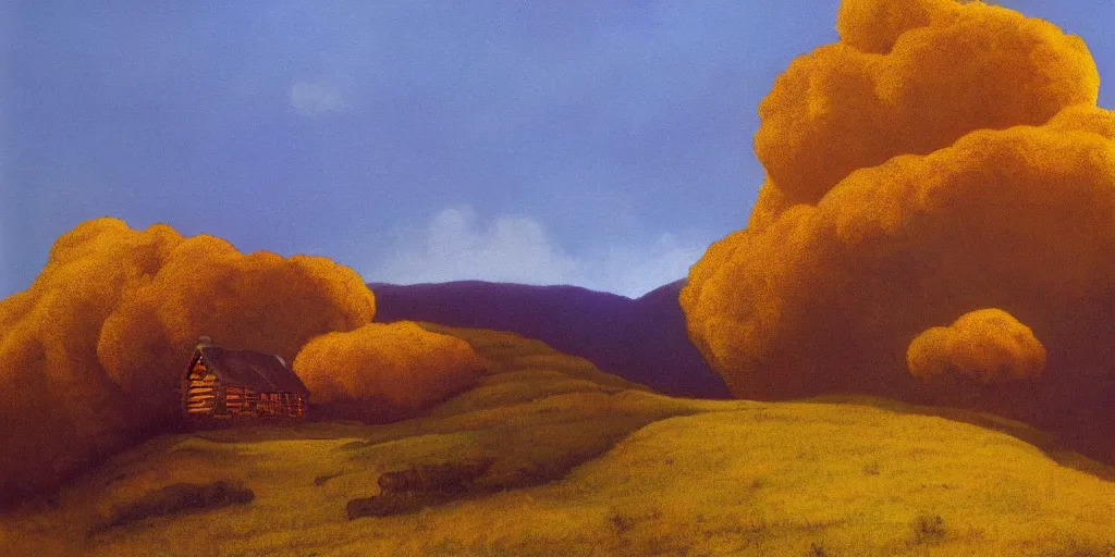 Image similar to a log cabin on a windy hillside, style of maxfield parrish, oil painting, high art,