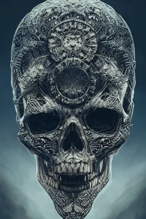 Image similar to concept art skull, the skull is decorated with art deco patterns, close - up portrait, powerfull, intricate, elegant, volumetric lighting, scenery, digital painting, highly detailed, artstation, sharp focus, illustration, concept art, ruan jia, steve mccurry