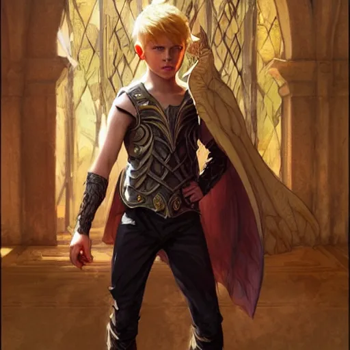 Image similar to an epic fantasy comic book style full body portrait painting of a young blonde boy who is over confident, wearing plain thief clothes, d & d, fantasy, intricate, elegant, highly detailed, digital painting, artstation, concept art, matte, sharp focus, illustration, art by artgerm and greg rutkowski and alphonse mucha