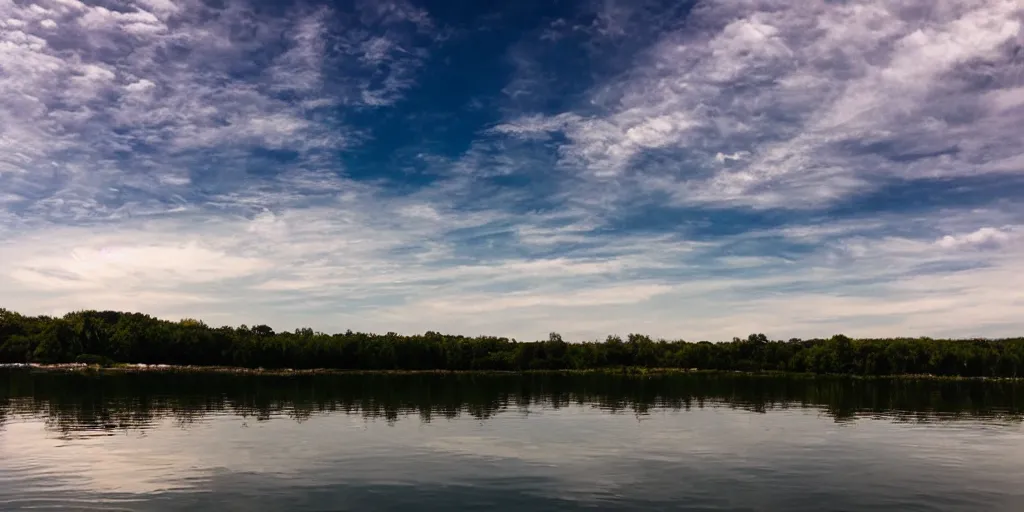 Prompt: lake with black water above side view, sky horizon