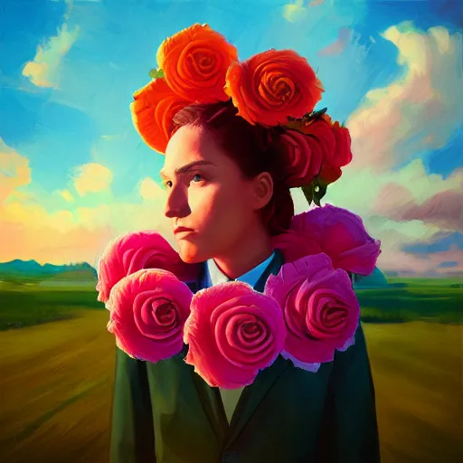 Image similar to portrait, giant rose flower head, girl in a suit, surreal photography, sunrise, blue sky, dramatic light, impressionist painting, digital painting, artstation, simon stalenhag