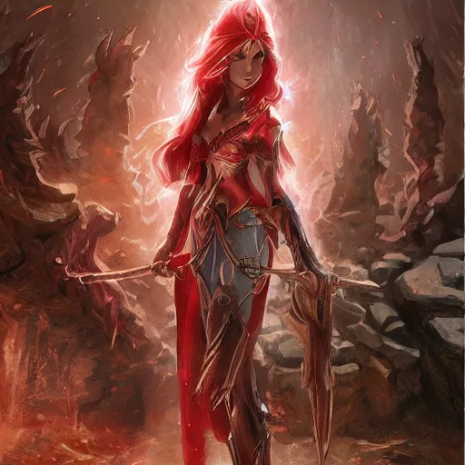 Image similar to a female elven cleric with red long hair, very good beautiful heavy scale armor, wearing a cape, casting a fire spell, dungeon background, magical, bright, colorful, fantastic lighting, amazing details, 4 k uhd, illustration by stephanie brown and mingchen shen and ilya kuvshinov, artstation, pixiv, concept art,