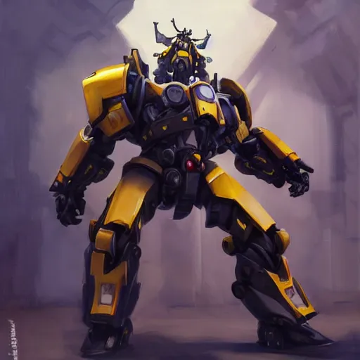 Image similar to greg manchess portrait painting of bumblebee the transformer as overwatch character, medium shot, asymmetrical, profile picture, organic painting, sunny day, matte painting, bold shapes, hard edges, street art, trending on artstation, by huang guangjian, gil elvgren, ruan jia, greg rutkowski, gaston bussiere