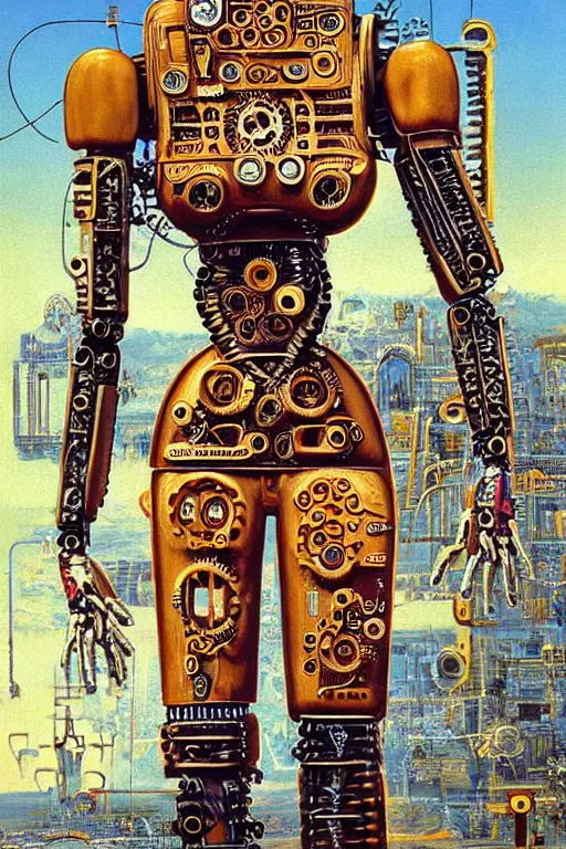 Image similar to a highly detailed retro futuristic female android with gears and other mechanical parts made out of pasta going for a walk outside, a robot made out of pasta, arms made out of spaghetti, eyes made out of macaroni, painting by Jim Burns and Julie Bell