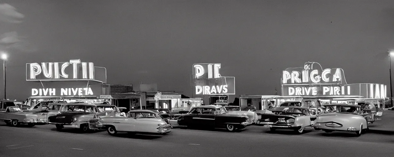 Prompt: 1 9 5 0 s drive in movie theatre, evening, focus on! spaghetti!!!, in the style of michael kenna, kodachrome,