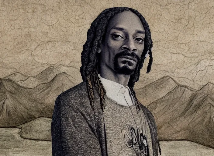 Image similar to a very high resolution image from a new movie, snoop dogg. drawn by leonardo da vinci. mountains, directed by wes anderson