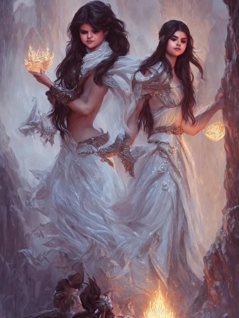 Image similar to Selena Gomez casting an frost spell, D&D, fantasy, intricate, elegant, highly detailed, digital painting, artstation, concept art, matte, sharp focus, illustration, hearthstone, art by Artgerm and Greg Rutkowski and Alphonse Mucha