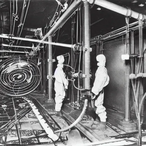 Image similar to old black and white photo, 1 9 1 3, depicting biomechanical aliens inside vats in a derelict tech lab, technicians in hazmat suits, historical record