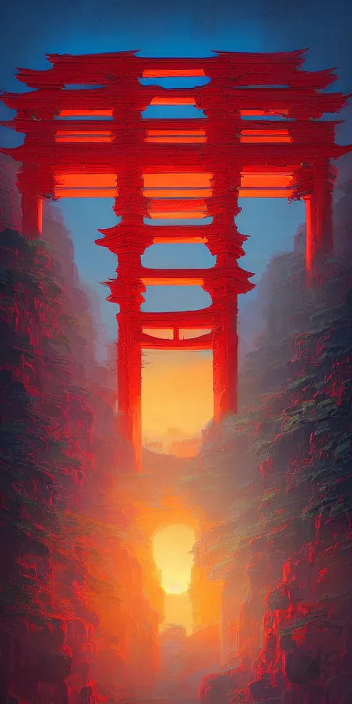 Image similar to the red torii gate!!! a highly detailed cinematic oil painting by roger dean and alena aenami, dynamic lighting