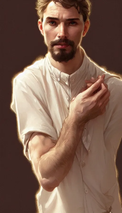 Image similar to portrait of homely man, dreamy and ethereal, goofy expression, side angle, intricate, elegant, highly detailed, digital painting, artstation, concept art, smooth, sharp focus, illustration, art by artgerm and greg rutkowski and alphonse mucha