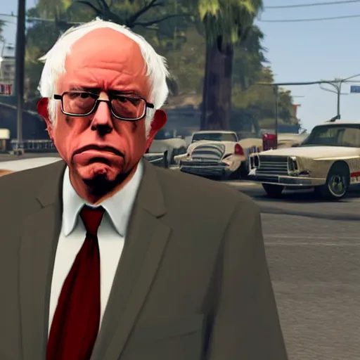 Image similar to Bernie Sanders as a gangster in GTA 5 4k