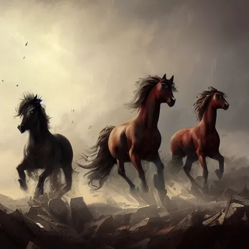 Image similar to the four horses of the apocalypse, digital Art, Greg rutkowski, Trending artstation, cinematographic, hyperrealistic