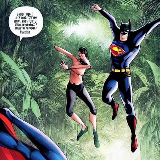 Image similar to batman and superman are playing volleyball in a jungle, in the style of greg rutkowski and artgerm, high detail