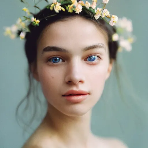 Prompt: a close - up of a model's face, her features illuminated by a soft, ethereal light. she wears a dainty crown of flowers in her hair, and her gaze is direct and intense. kodak portra 4 0 0