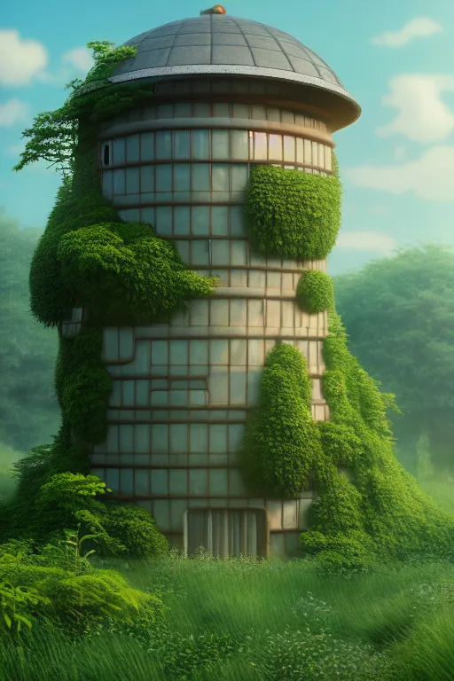 Image similar to cylindrical house, solarpunk, studio ghibli, jean - baptiste monge, octane render, 4 k