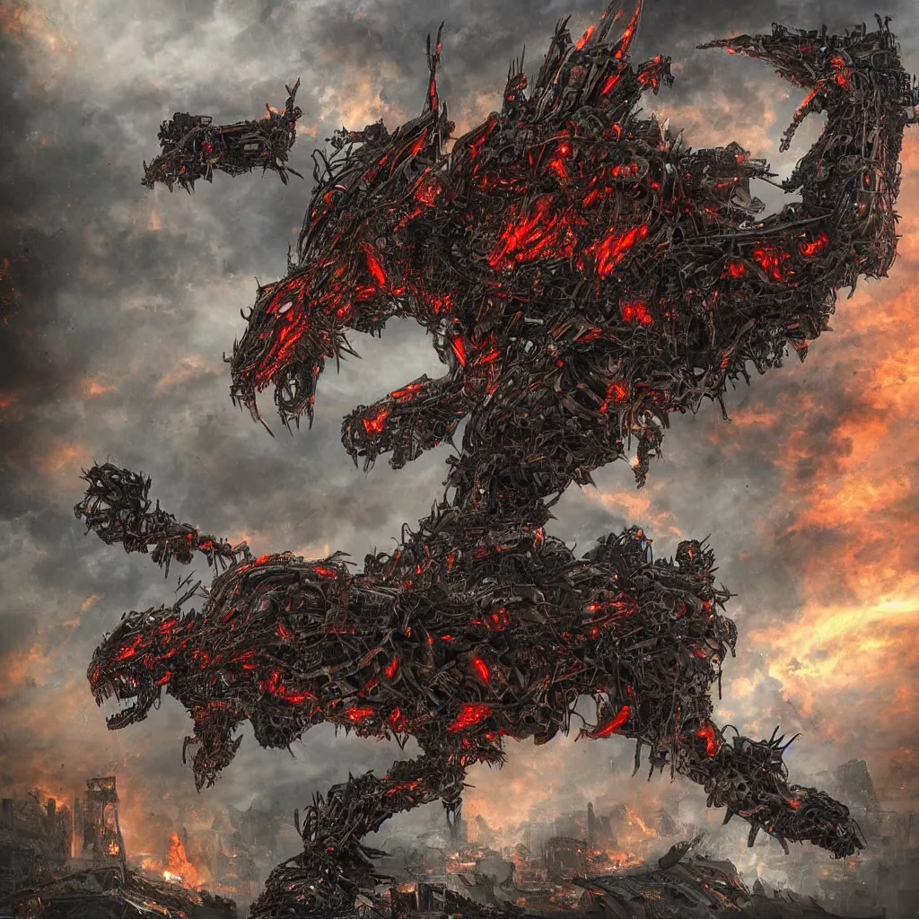 Image similar to high quality art of a giant mechanized dragon in an apocalyptic future, made of plates and armor throughout the body, having 4 limbs and 4 talons on each foot, and glowing fiery red eyes, climbing over a destroyed building in a hazy radioactive atmosphere, roaring with an epic pose into the air as the building crumbles under the weight, showing lots of sharp teeth. furaffinity, deviantart, artstation, high quality