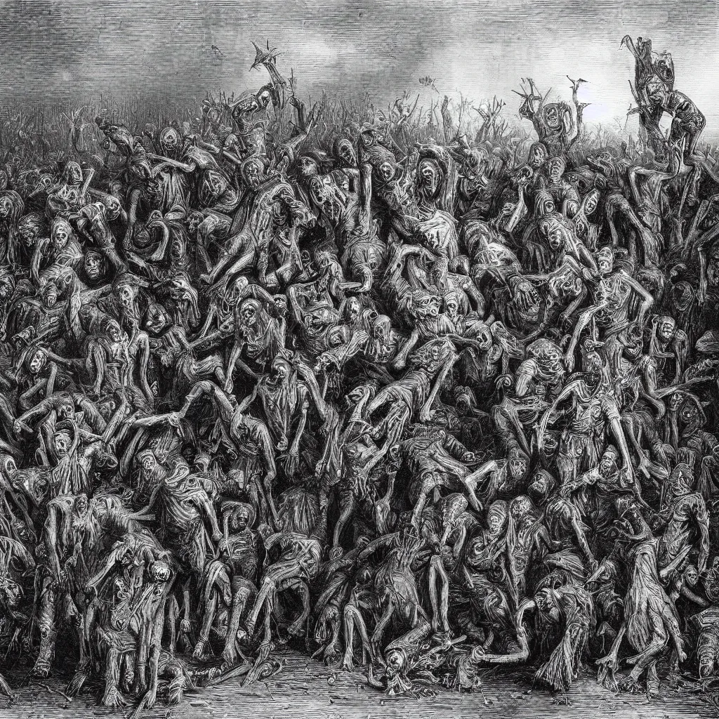 Image similar to zombies, nine steel barrels in a graveyard, creepy atmosphere, dark, realistic, illustration by gustave dore